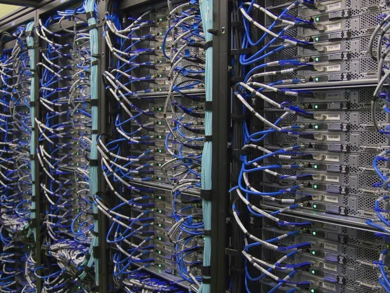 Cabeamento azul organizado na traseira de servidores em rack