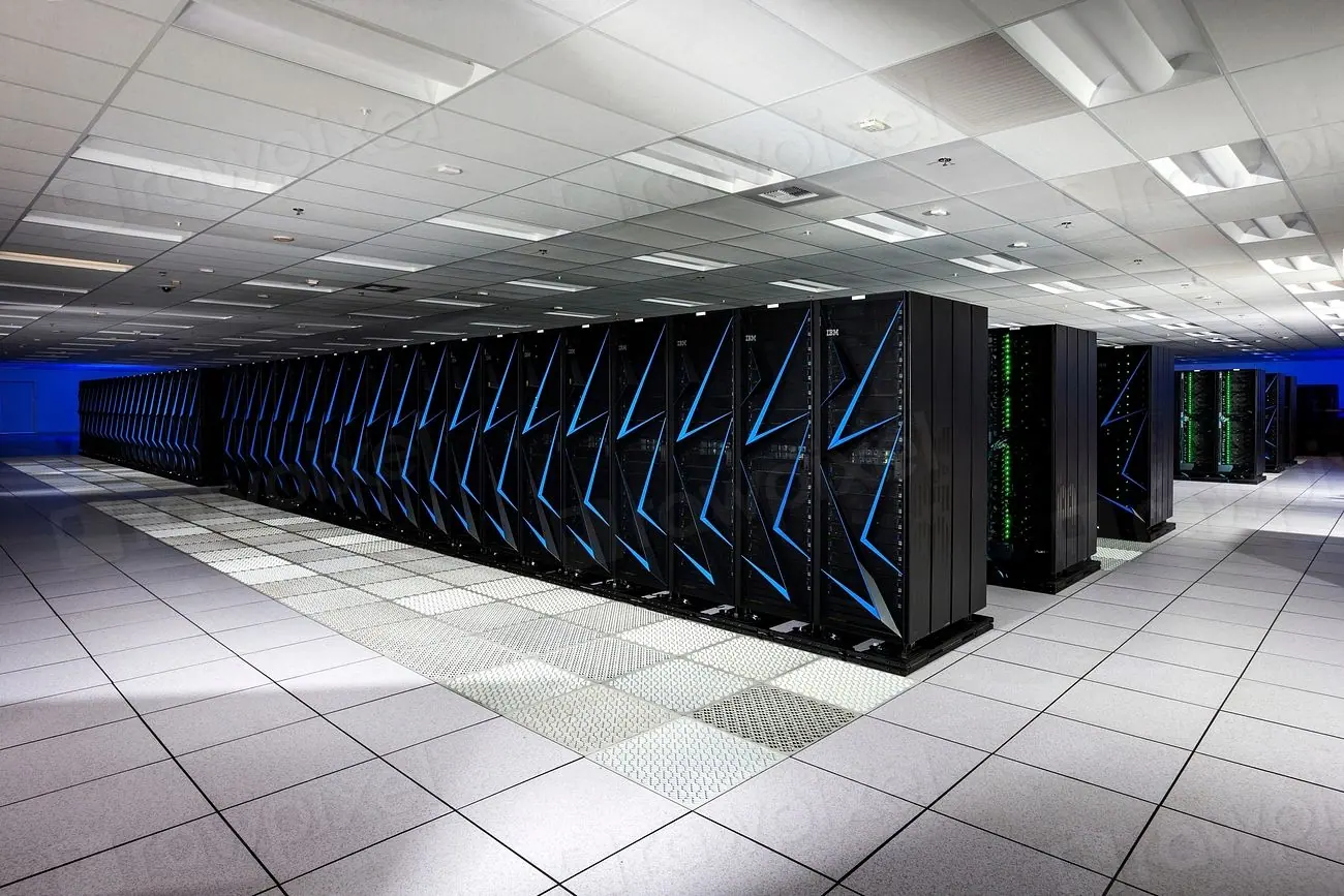 Corredor amplo de um centro de supercomputação com fileiras de gabinetes
